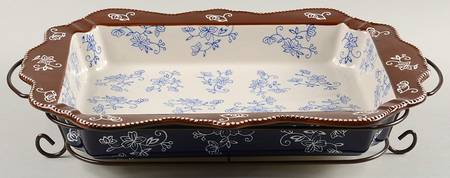Floral Lace-Blue 15" Rectangular Baker w/Metal Stand