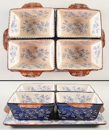 Floral Lace-Blue Serving Set-4 Rectangular Bowls on Tray