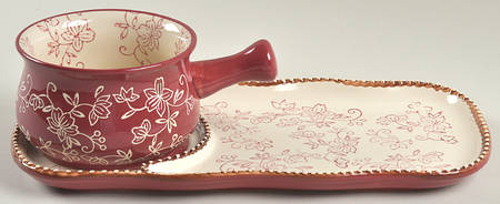 Floral Lace Cranberry 12" Snack Tray (SNTR12) & Stick Handle Soup Set (SOH) by Temp-Tations