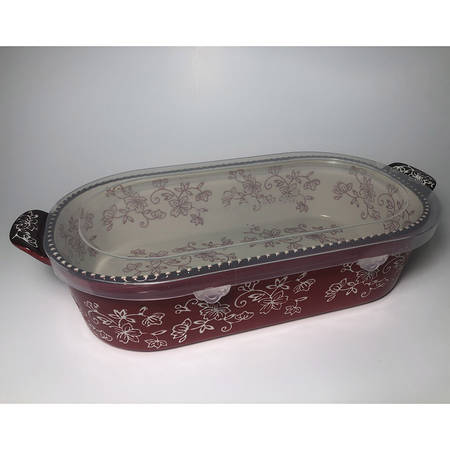 Floral Lace Cranberry Plastic Lid for 13" Oval Baker