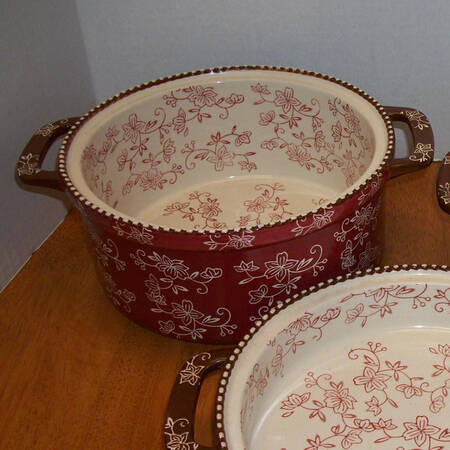 Floral Lace Cranberry 9" Round Handled Baker