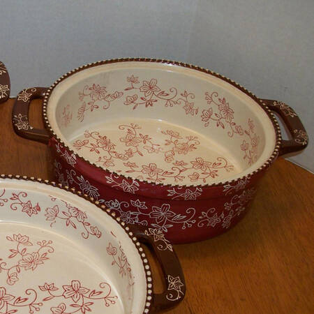 Floral Lace Cranberry 9" Round Handled Baker