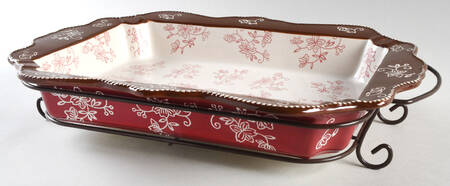 Floral Lace Cranberry 15" Rectangular Baker w/Metal Stand