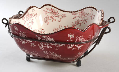 Floral Lace Cranberry 1.5 Qt Square Bake & Serve Bowl with Metal Stand