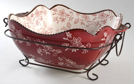 Floral Lace Cranberry 2.5 Qt Square Bake & Serve Bowl with Metal Stand