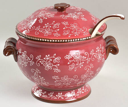 Floral Lace Cranberry Tureen & Lid w/Ladle