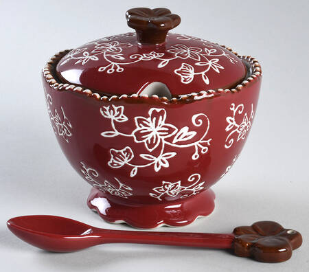Floral Lace Cranberry Sugar Bowl & Lid W/Spoon