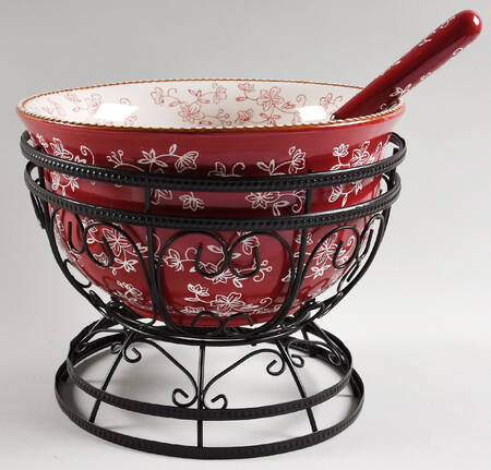 Floral Lace Cranberry Punch Bowl & Metal Stand with Ladle by Temp-Tations
