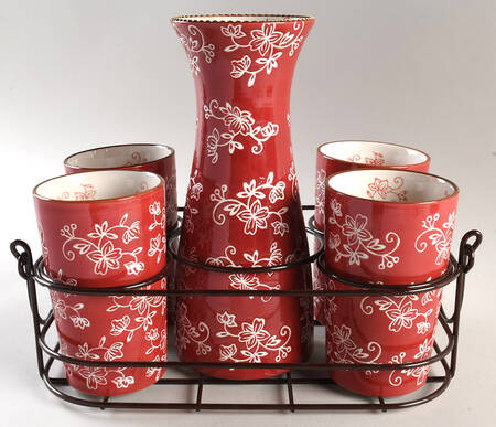 Floral Lace Cranberry (6 Piece) Carafe & Tumbler Set with Metal Caddy