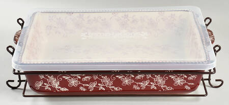 Floral Lace Cranberry 15" Rectangular Baker with Plastic Lid & Metal Stand