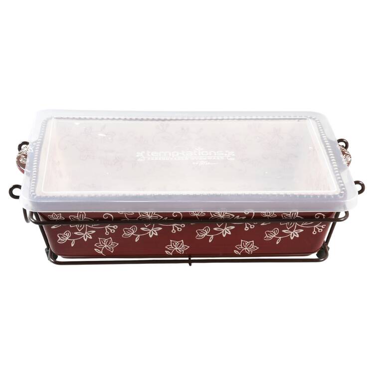 Floral Lace Cranberry 13" Rectangular Baker & Plastic Lid with Metal Stand