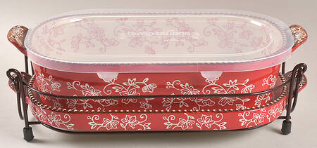 Floral Lace Red 13" Oval Baker w/Plastic Lid, Lid-It & Metal Stand
