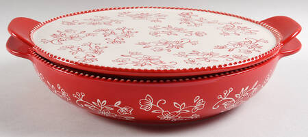 Floral Lace Red 14" Round Tab Handled Baker & Lid-It