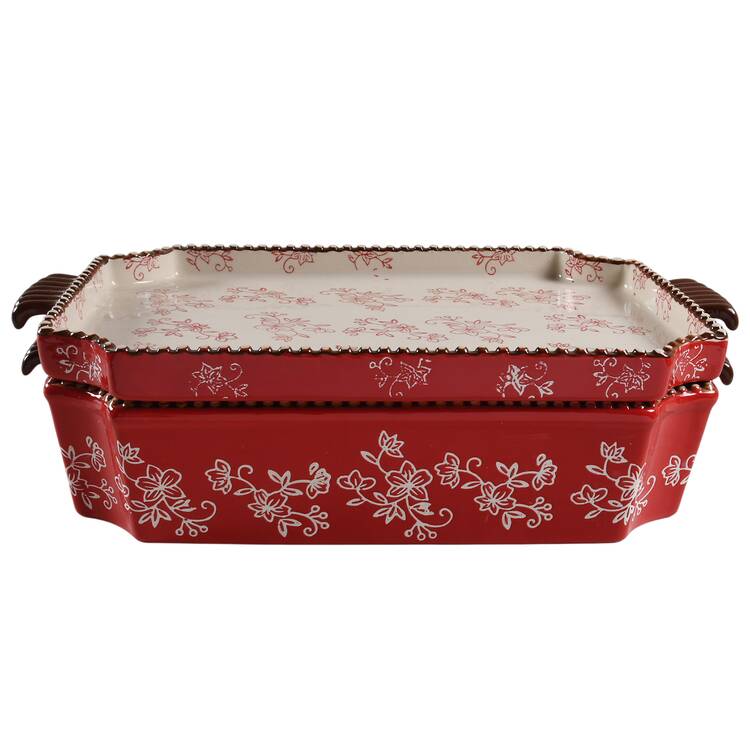 Floral Lace Red 16" Rectangular Sculpted Handled Baker & Lid-It