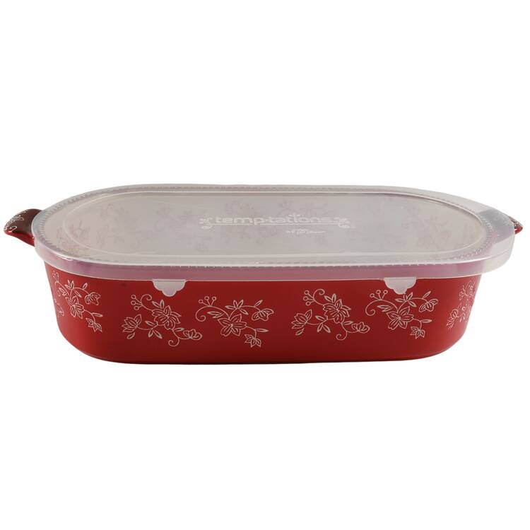 Floral Lace Red 17" Squoval Tab Handled Baker with Plastic Lid