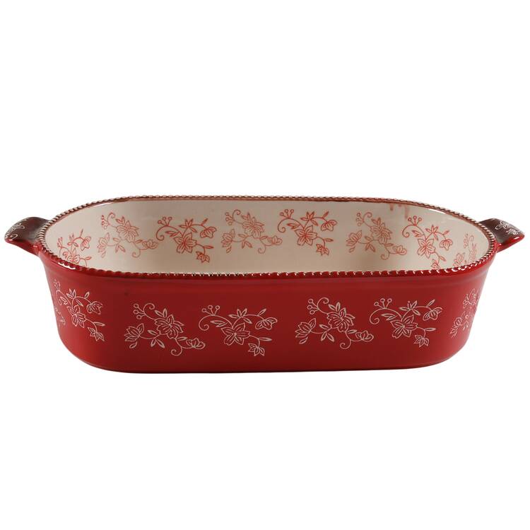 Floral Lace Red 17" Squoval Tab Handled Baker