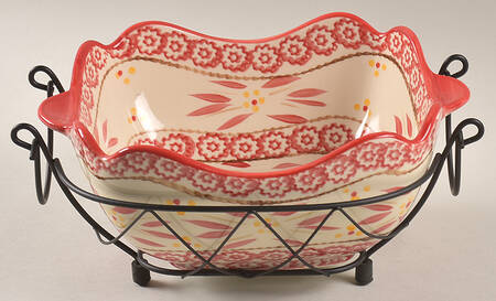 Old World Red 1.5 Qt Square Bake & Serve Bowl with Metal Stand