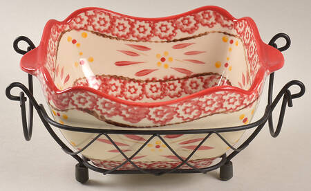 Old World Red 1 Qt Square Bake & Serve Bowl with Metal Stand