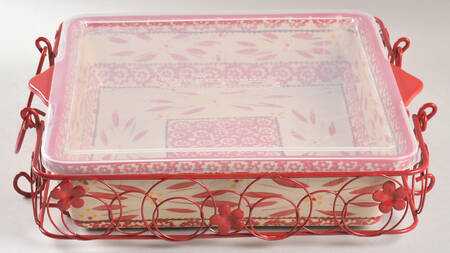 Old World Red 13" Square Baker & Plastic Lid with Metal Stand
