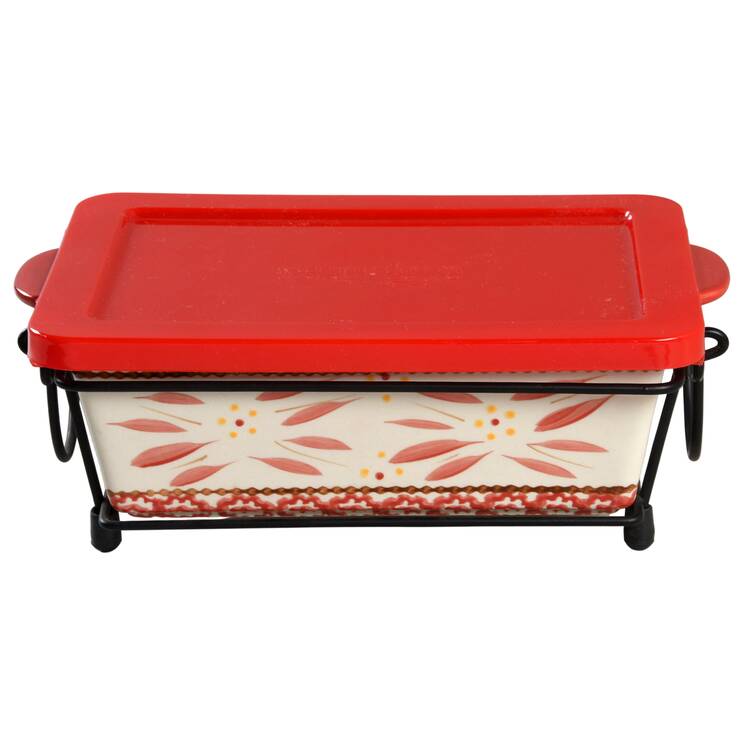 Old World Red 4 Pc 10" Rect Baker (Baker,Lid,Trivet & Stand)