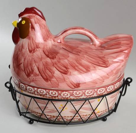 Old World Red Figural Oval Baker & Lid with Metal Basket