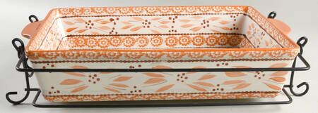 Old World Orange Spice 15" Rectangular Baker w/Metal Stand