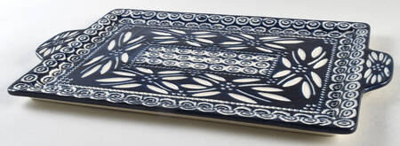 Carved Old World Blue 15" Rectangular Tray