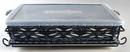 Carved Old World Blue 4pc 15" Rect. Baker (Baker,Lid,Tray & Stand)
