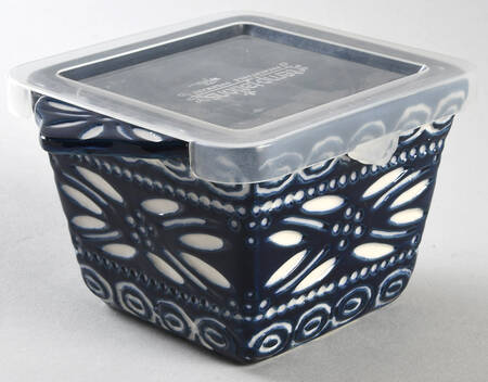 Carved Old World Blue Individual Square Baker & Plastic Lid by Temp-Tations