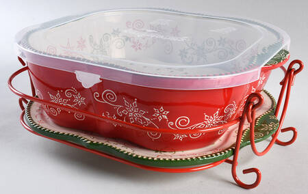 Floral Lace-Festive 11" Square Baker with Plastic Lid, Lid-It, Drip Tray & Metal Stand