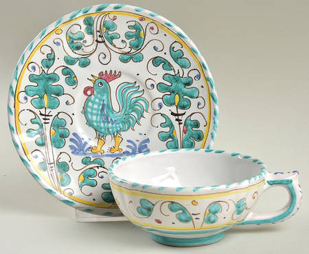 Green Rooster Flat Cup & Saucer Set by U. Grazia