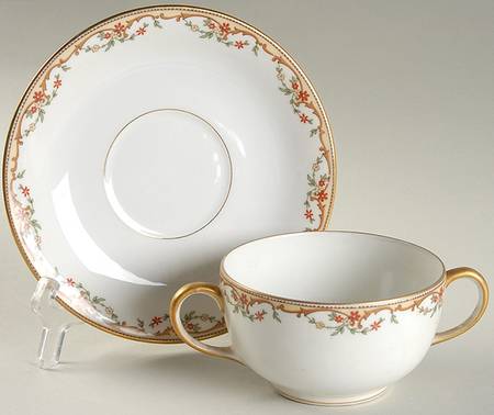 The Meuse (Rust & Yellow Flowers, Tan) Flat Bouillon Cup & Saucer