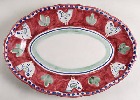 Campagna Chicken (Red Border, Blue Dots) 16" Oval Serving Platter