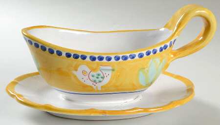 Campagna Chicken (Yellow Border, Blue Dots) Gravy Boat with Attached Underplate