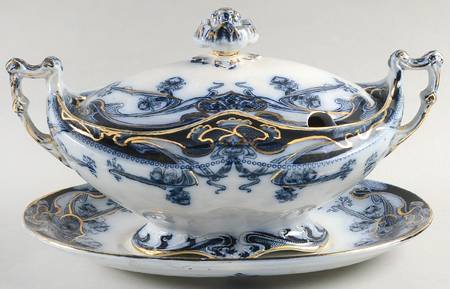 Iris Blue (Flow Blue) Sauce Boat & Lid with Underplate