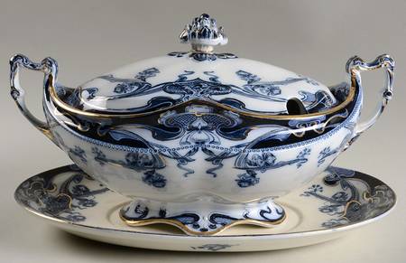 Iris Blue (Flow Blue) Oval Tureen & Lid with Underplate