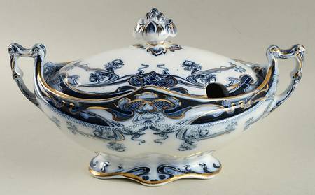 Iris Blue (Flow Blue) Sauce Boat & Lid