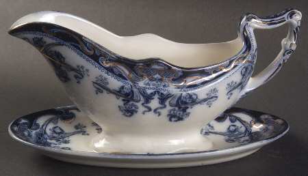 Iris Blue (Flow Blue) Gravy Boat with Attached Underplate