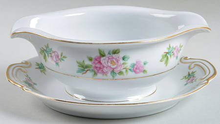 Pink Peony Round Gravy Boat/Attached Underplate