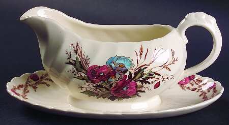 Harvest Brown Multicolor (Pink Floral Rim) Gravy Boat with Attached Underplate