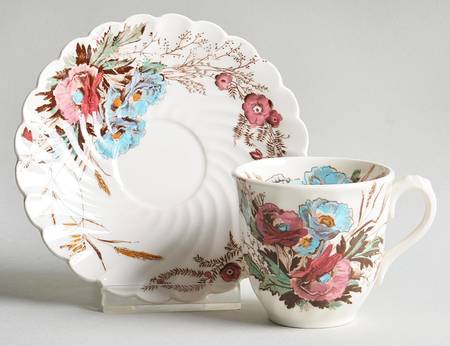 Harvest Brown Multicolor (Pink Floral Rim) Flat Demitasse Cup & Saucer Set