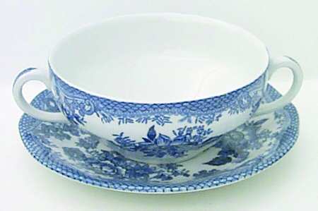 Asiatic Pheasant Blue Flat Cream Soup Bowl & Breakfast Saucer Set