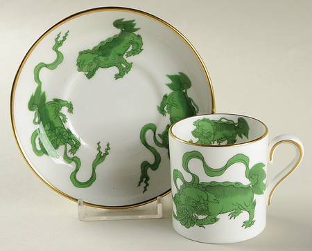 Chinese Tigers Green Bond Shape Demitasse Cup and Saucer Set