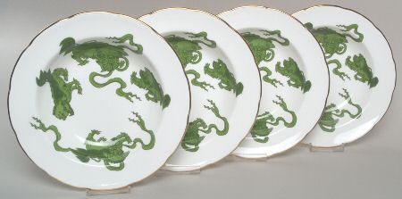 Chinese Tigers Green Rim Soup Bowl - Set of 4