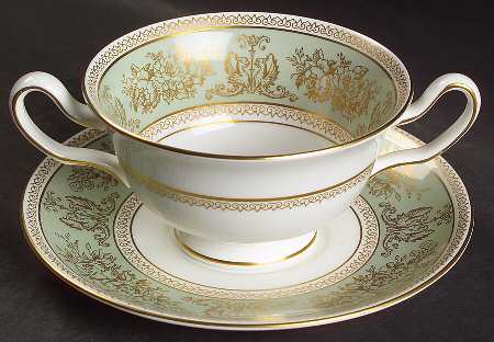 Columbia Sage Green Rim Footed Cream Soup Bowl & Saucer Set