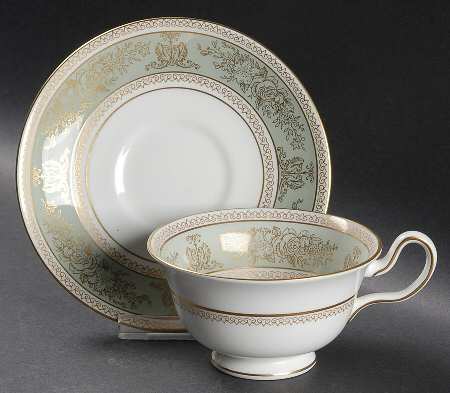 Columbia Sage Green Rim Peony Shape Footed Cup & Saucer Set