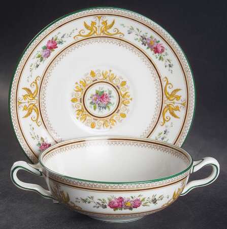 Columbia White (Center Medallion, Green Trim) Flat Cream Soup Bowl & Saucer Set by Wedgwood