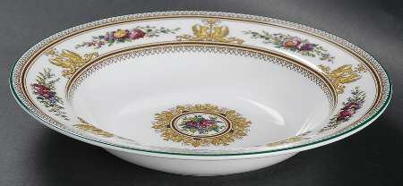 Columbia White (Center Medallion, Green Trim) Rim Soup Bowl by Wedgwood