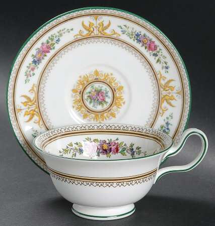Columbia White (Center Medallion, Green Trim) Peony Shape Footed Cup & Saucer Set by Wedgwood