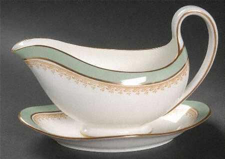 Eccles Bead Celadon Gravy Boat with Attached Underplate